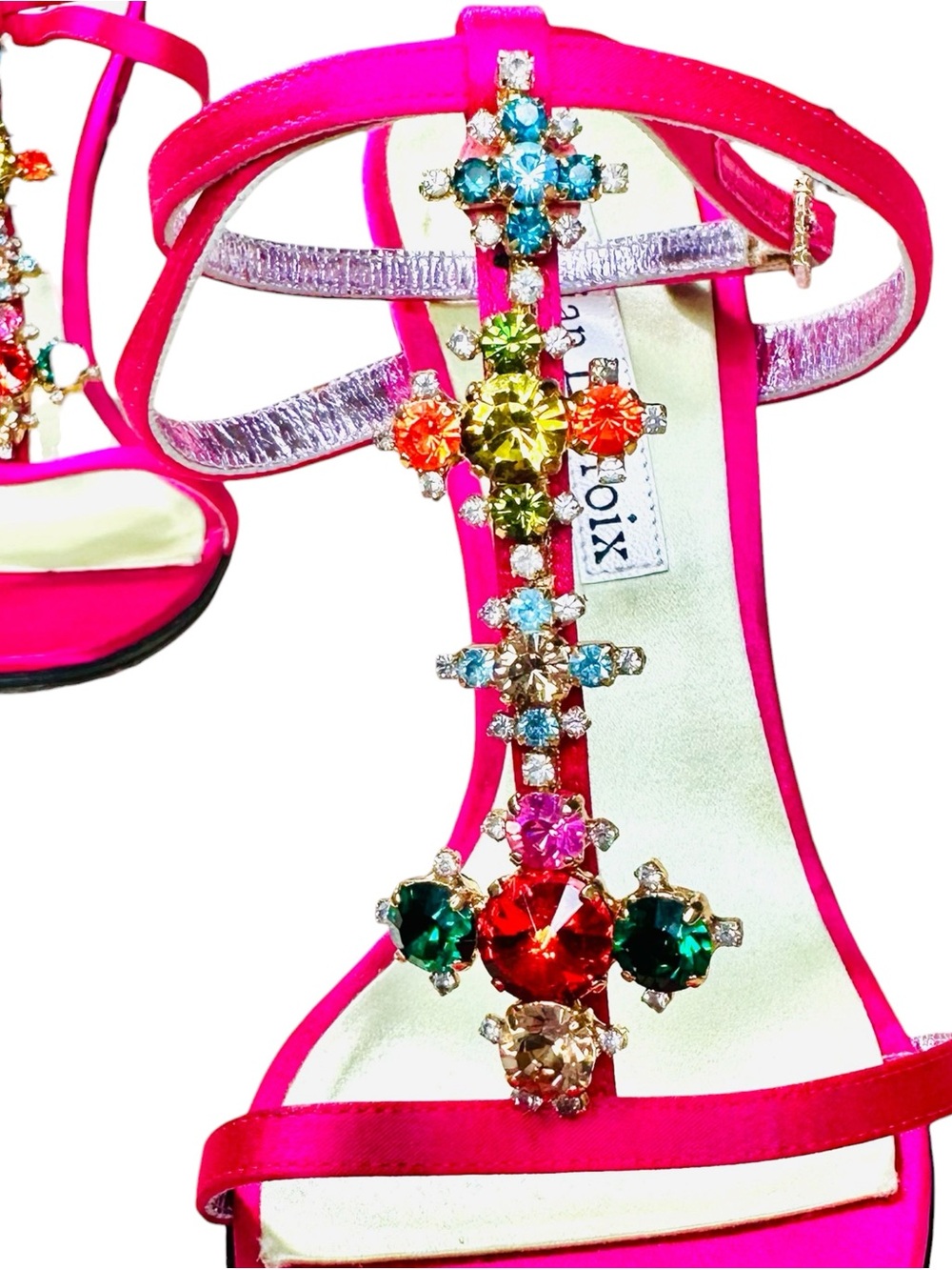Christian Lacroix Fuchsia Pink
SatinJeweled T-Strap Heels
Sandals 8 Box Y2K